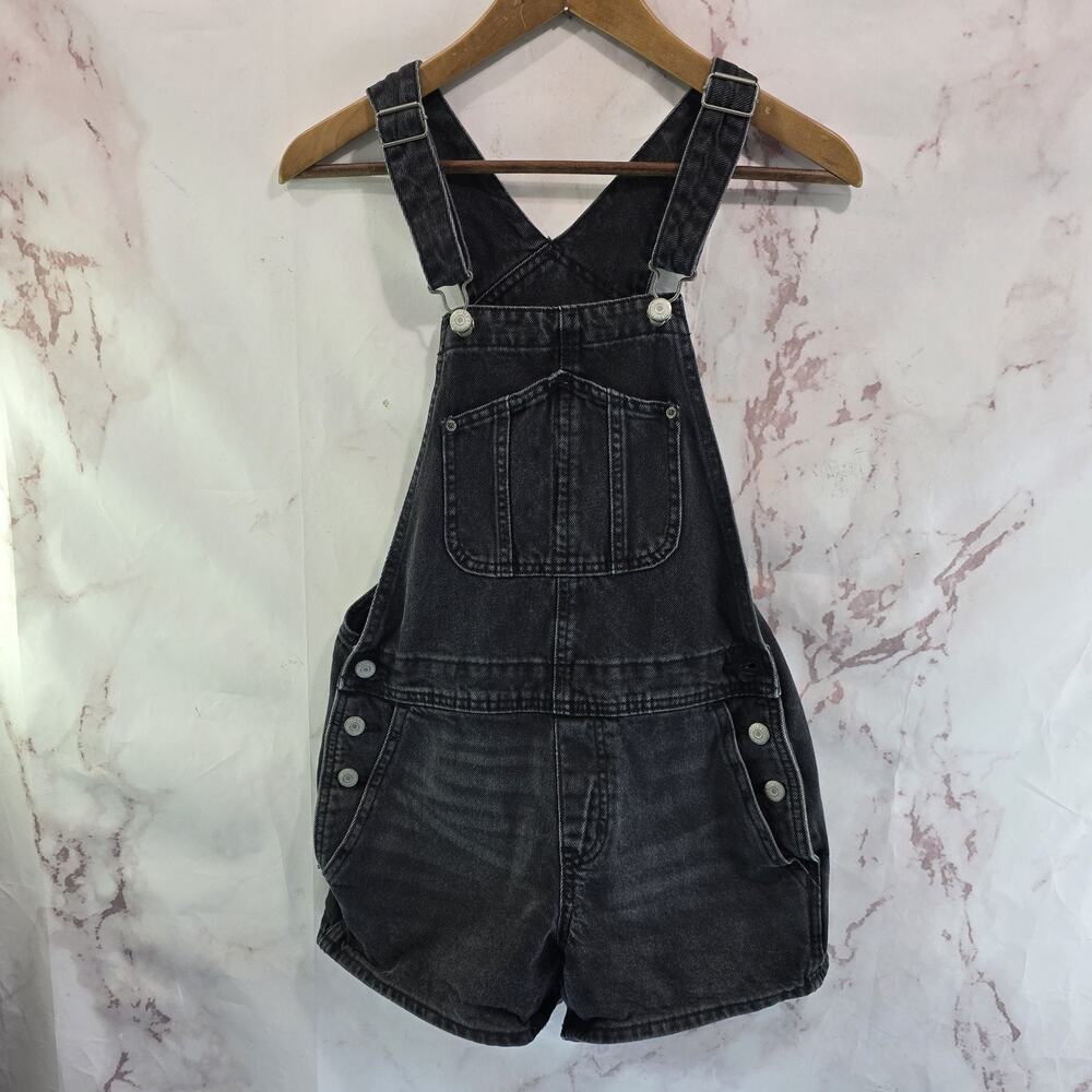 Old Navy Shortalls Womens XS Black Short Overalls Denim Jean Mom 3.5 Inch